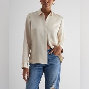 New Express Satin Relaxed Portofino Shirt in white, Small